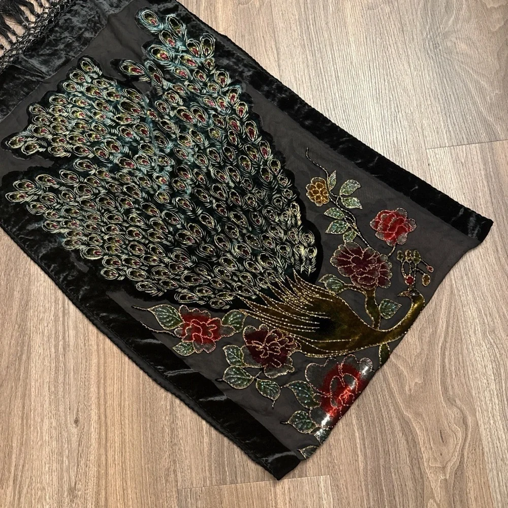 vintage Elegant Black Velvet fringe Scarf with Peacock and Floral Embroidery